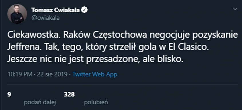 HIT! Raków chce ściągnąć Jeffrena!